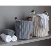 Cesto De Corda Algodão Cinza Com Alças De Couro 34X34cm Cesto Trançado Decorativo Soho Yoi